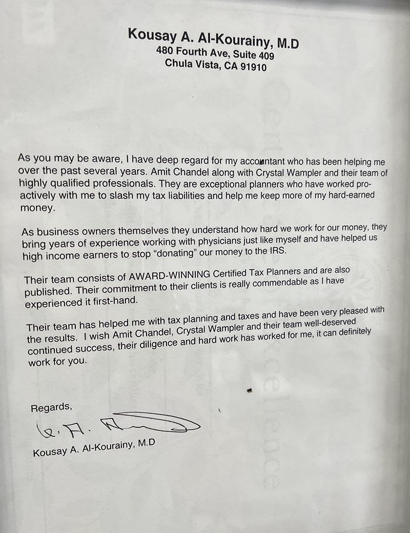 A printed testimonial letter with a signature at the bottom, praising an accountant's services.