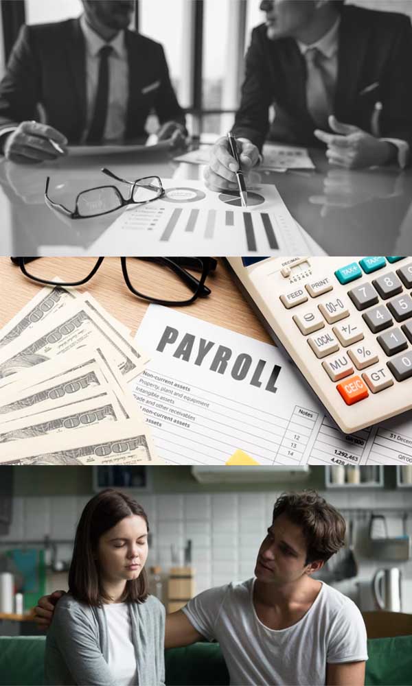 Business meeting, payroll documents with calculator and cash, two people sitting together.