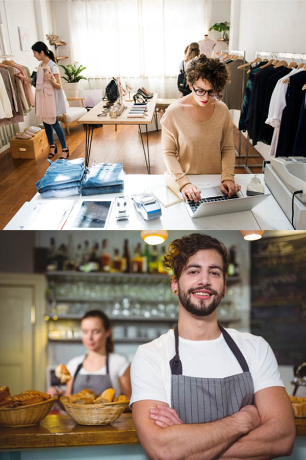 Two photos combined; top shows a retail scene and bottom a person in an apron standing at a bakery counter.
