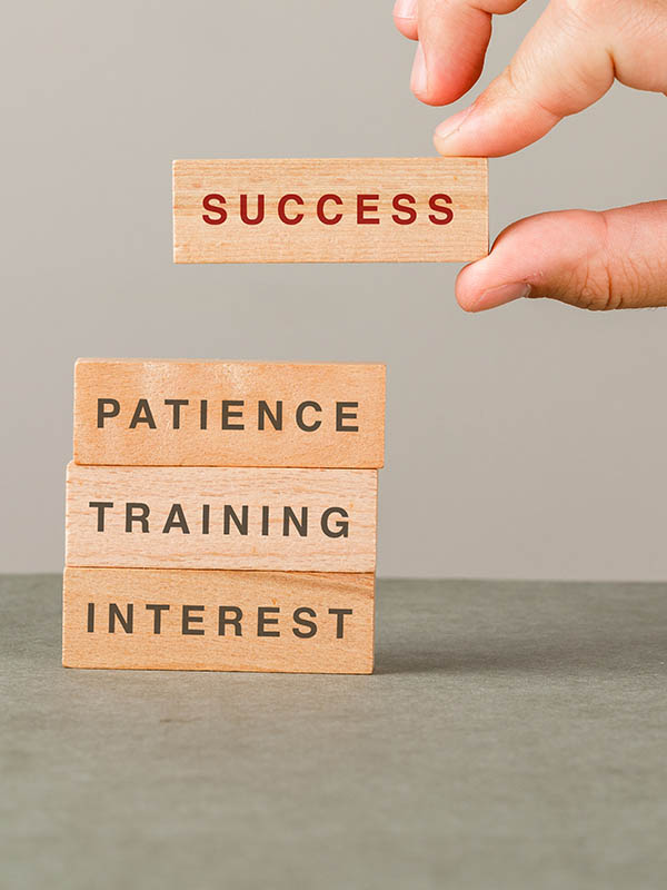 Hand placing a "SUCCESS" block on top of others labeled "PATIENCE," "TRAINING," and "INTEREST."