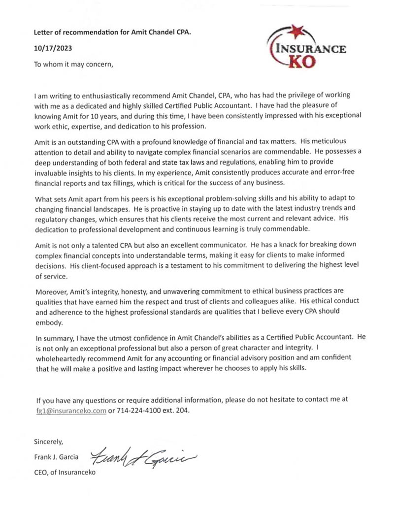 Letter of recommendation for Amit Chandel CPA from Insuranceko CEO with contact details included.