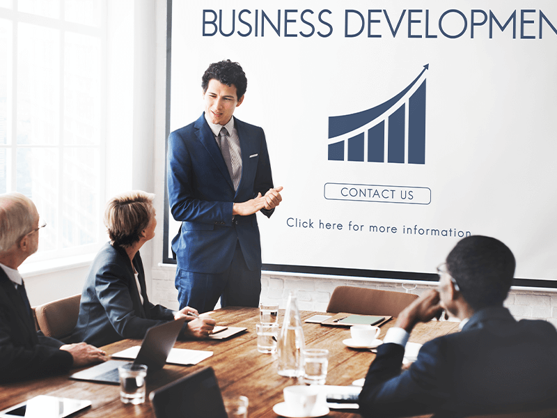 Business presentation in progress with audience at a conference table looking towards a "Business Development" slide.