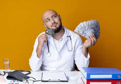 Person in a white coat holding a credit card and a fan of cash at a desk with medical items.