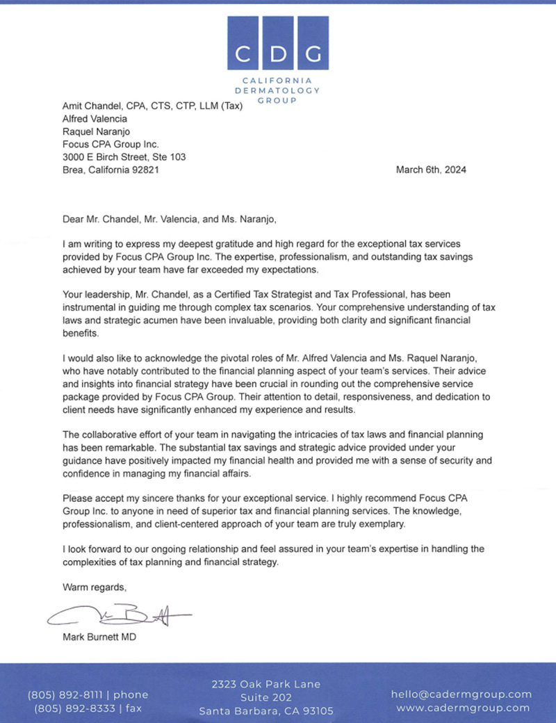 A letter of gratitude from Mark Burnett MD to Focus CPA Group Inc., praising their tax services.