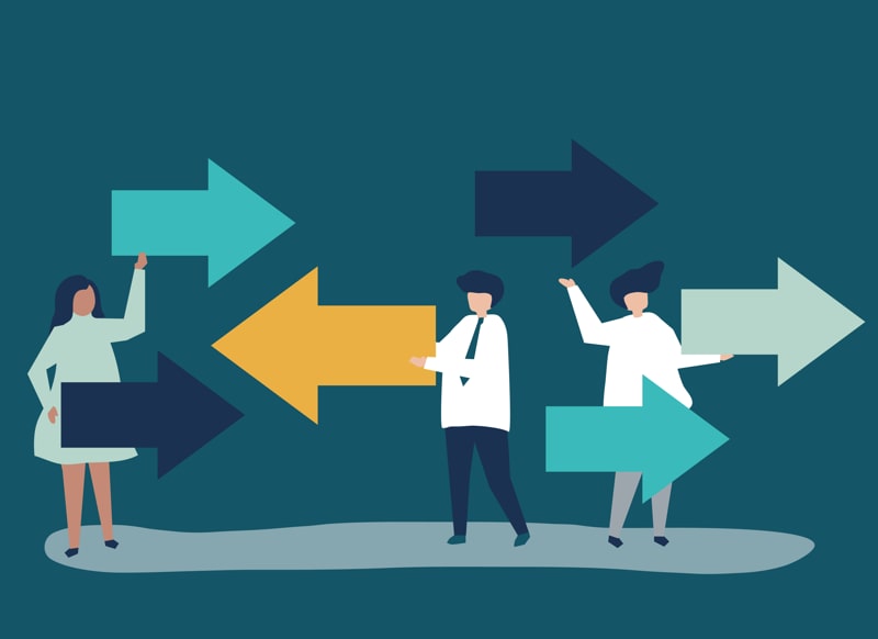 Illustration of three people with directional arrows pointing in different directions.