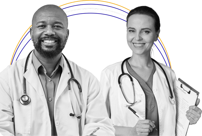 Two doctors in white coats with stethoscopes, one holding a clipboard.