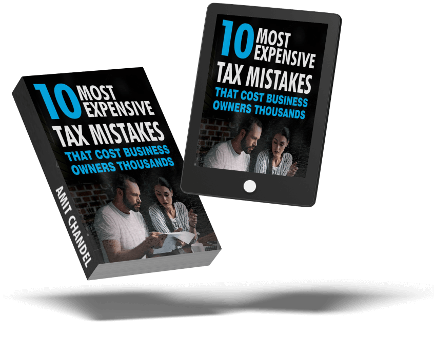 Image of a book and tablet displaying a cover with text "10 Most Expensive Tax Mistakes That Cost Business Owners Thousands".