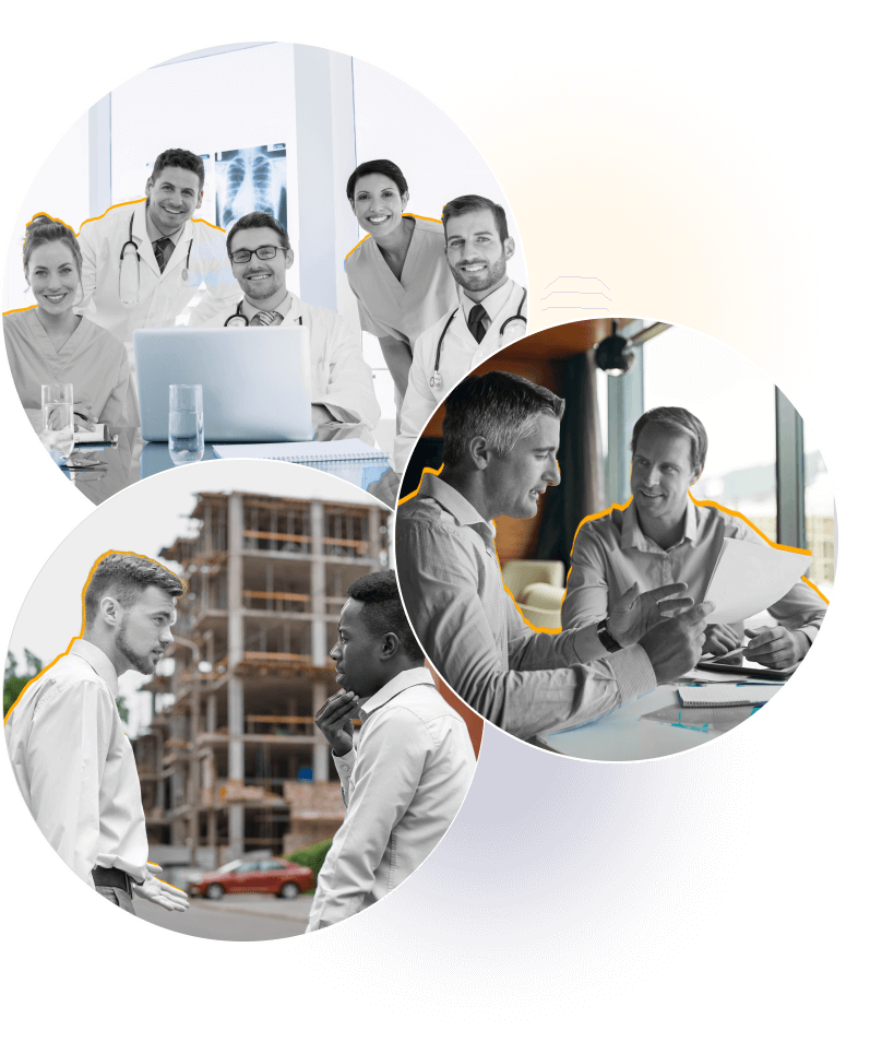 Collage of professionals in medical, office, and construction settings.