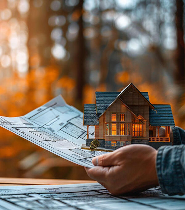 Hand holding blueprints with a small model house on top, autumnal forest in the background.