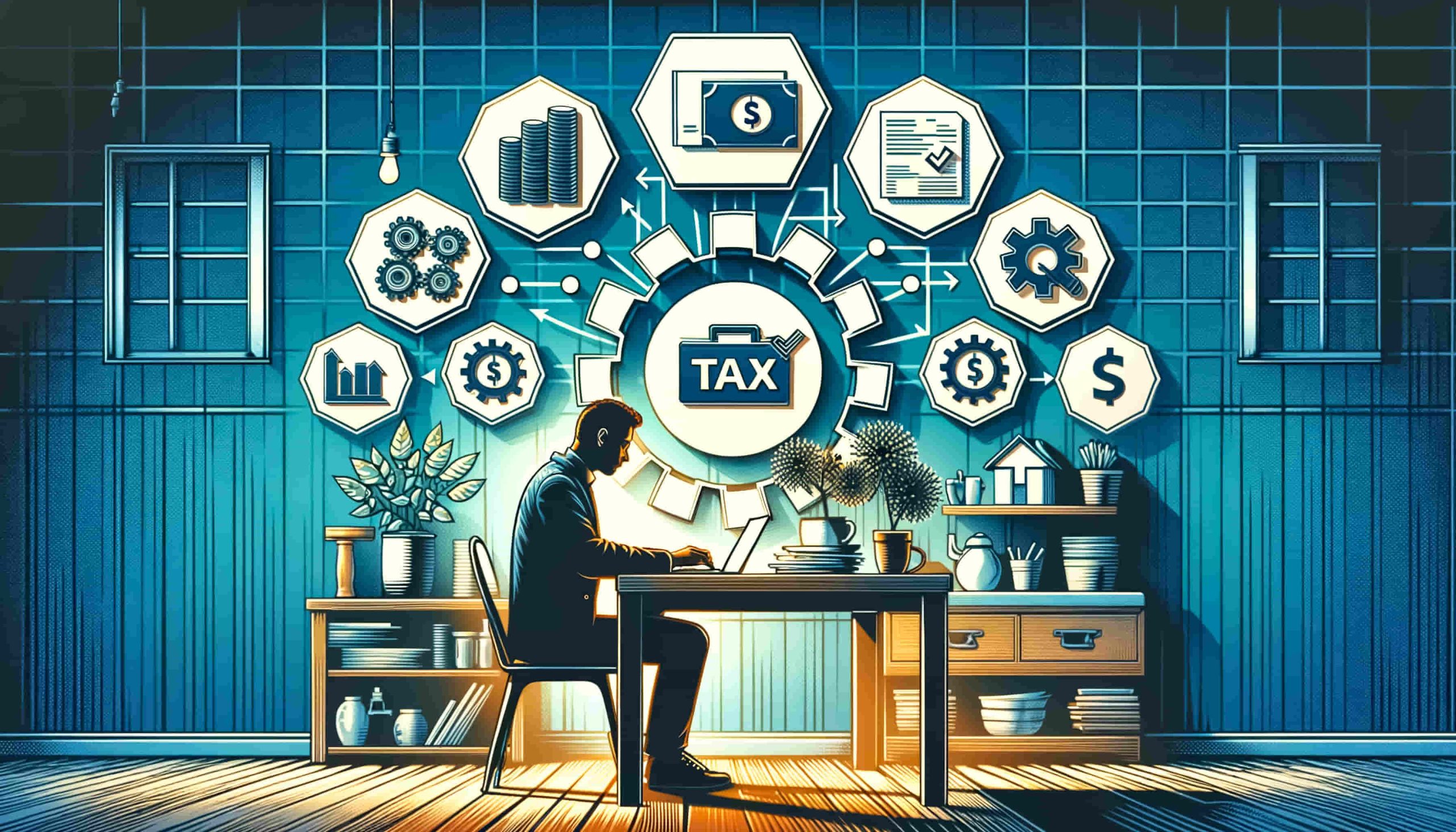 A person at a desk with tax-related icons on cogwheel graphics in the background.